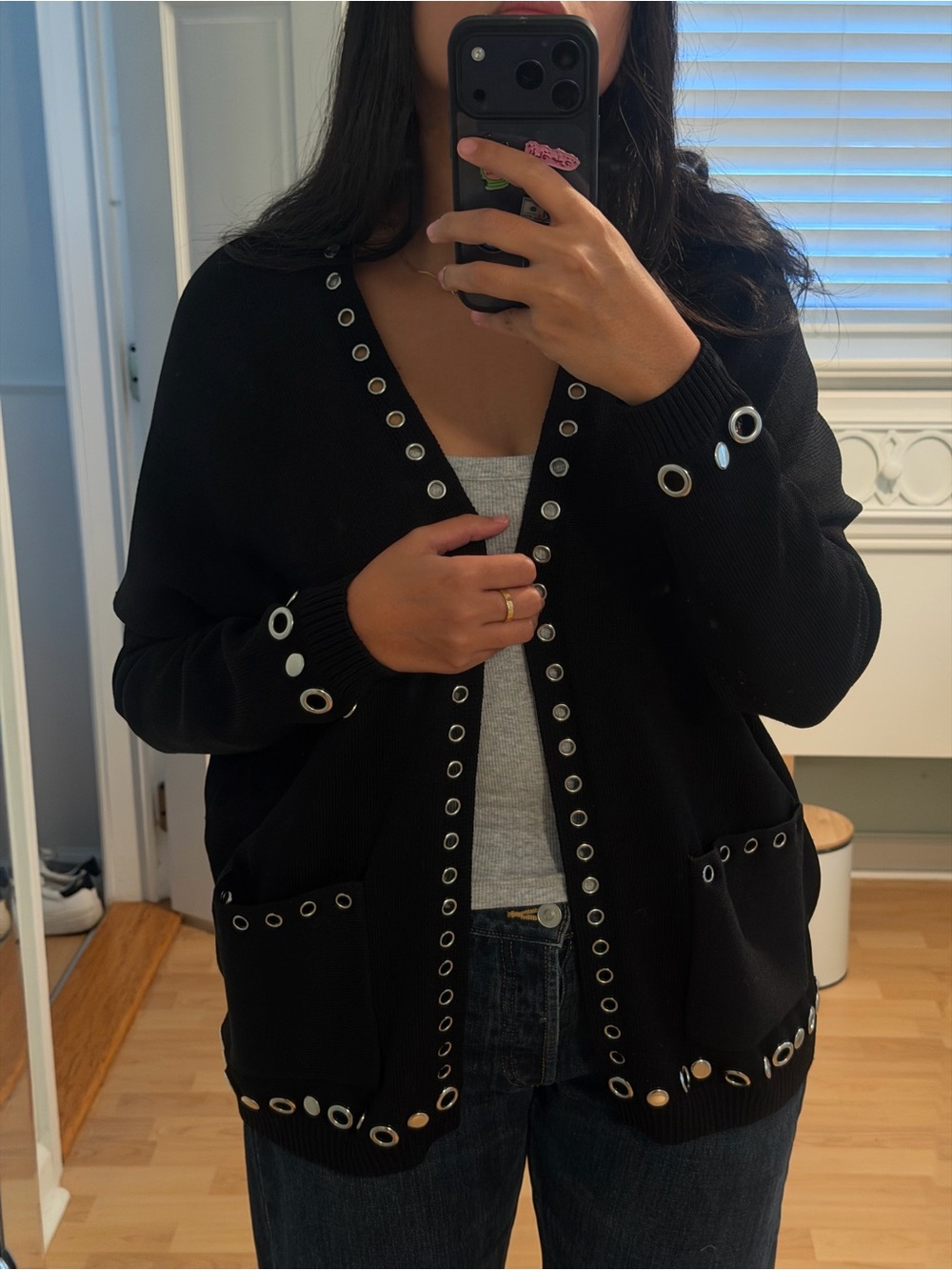 Maje Black Cardigan with Silver Eyelet Trim